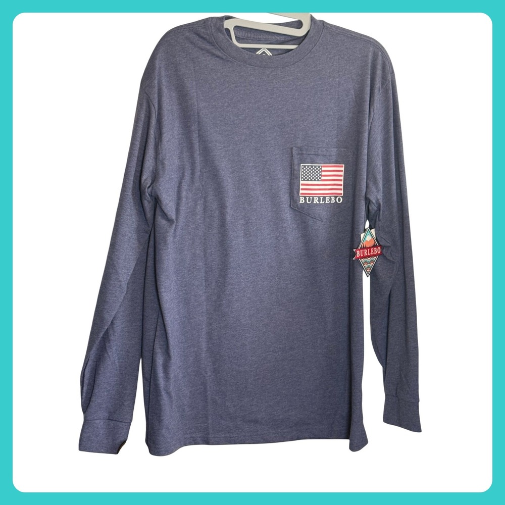 NWT Burlebo Raised on Reagan American Flag Graphic Long Sleeve Pocket Tee Navy